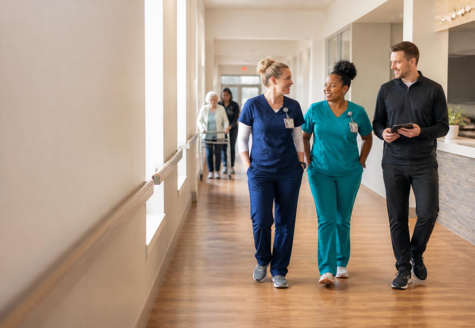 Care team walking together through a bright skilled-nursing and rehab facility.